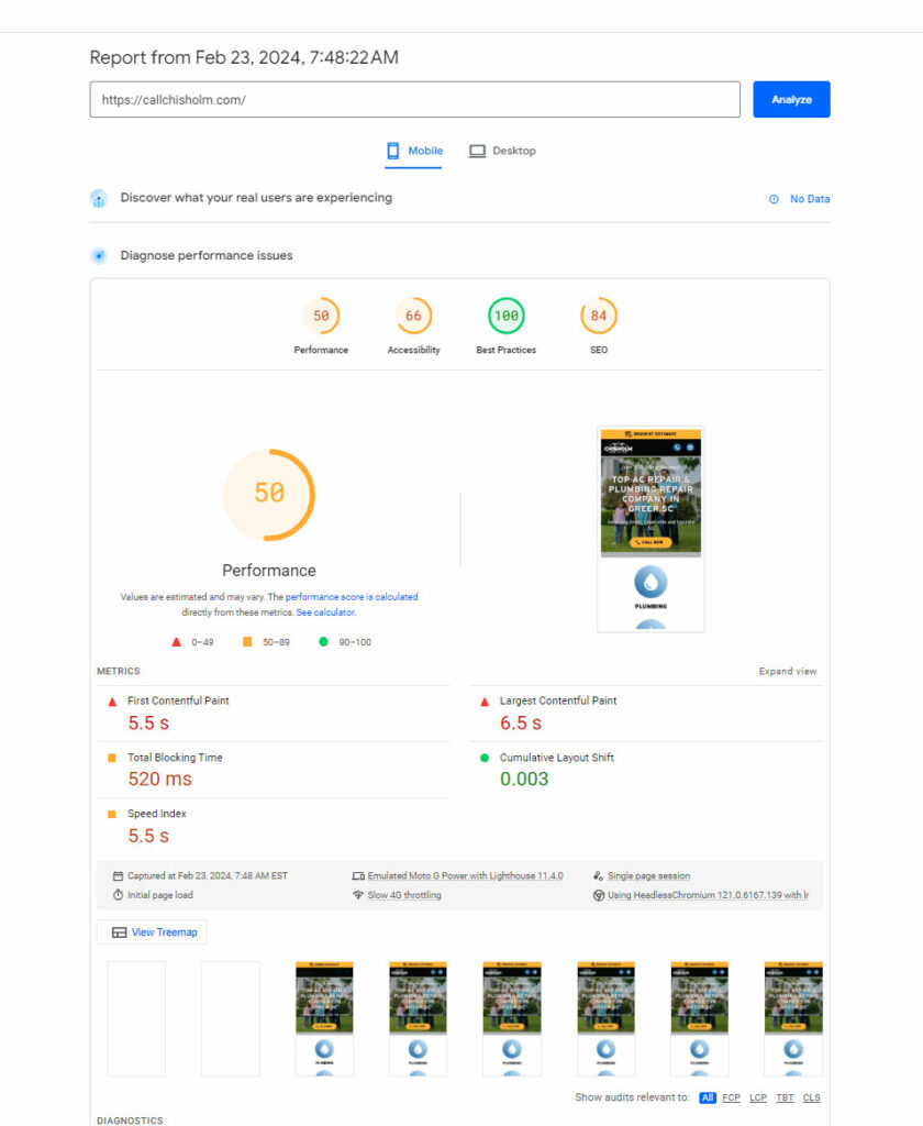page speed optimization - initial scan